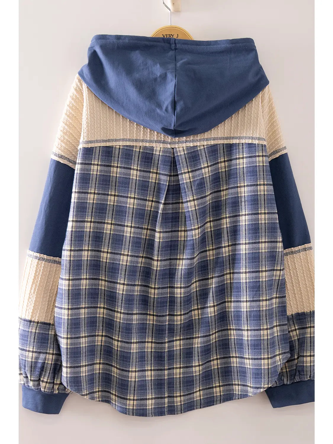 Plaid Contrast Hoodie Pullover, Denim