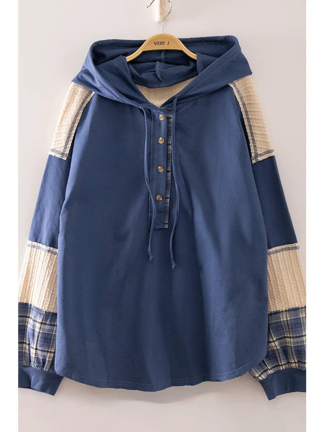 Plaid Contrast Hoodie Pullover, Denim