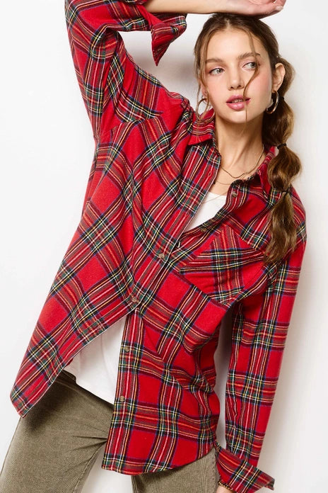 Plaid Flannel Button Down, Red Ribbon