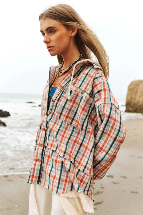 Plaid Waffle Contrast Hooded Button Down Shirt