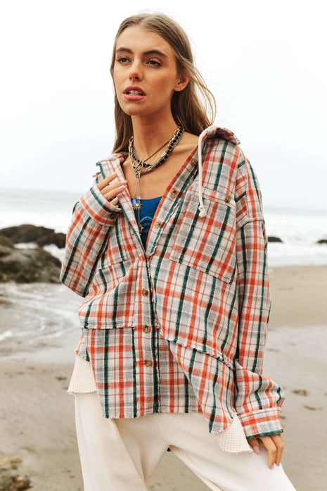 Plaid Waffle Contrast Hooded Button Down Shirt