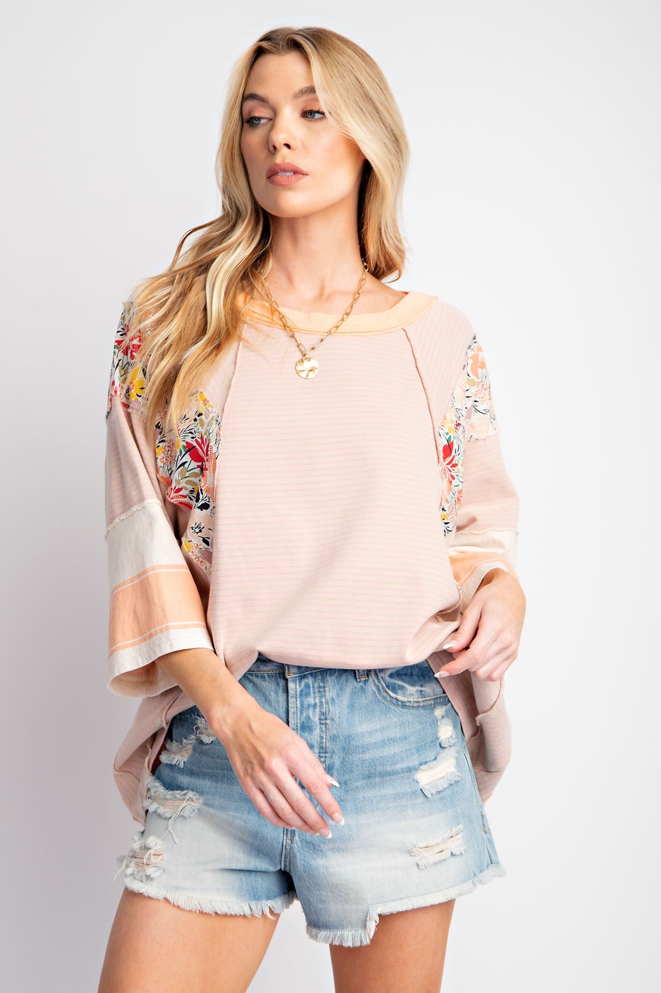 Plus- Floral Mix Stripe Tee, Apricot