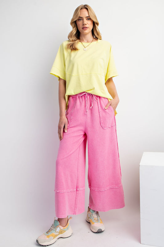 Plus- Washed Wide Leg Terry Knit Pant, Hot Pink