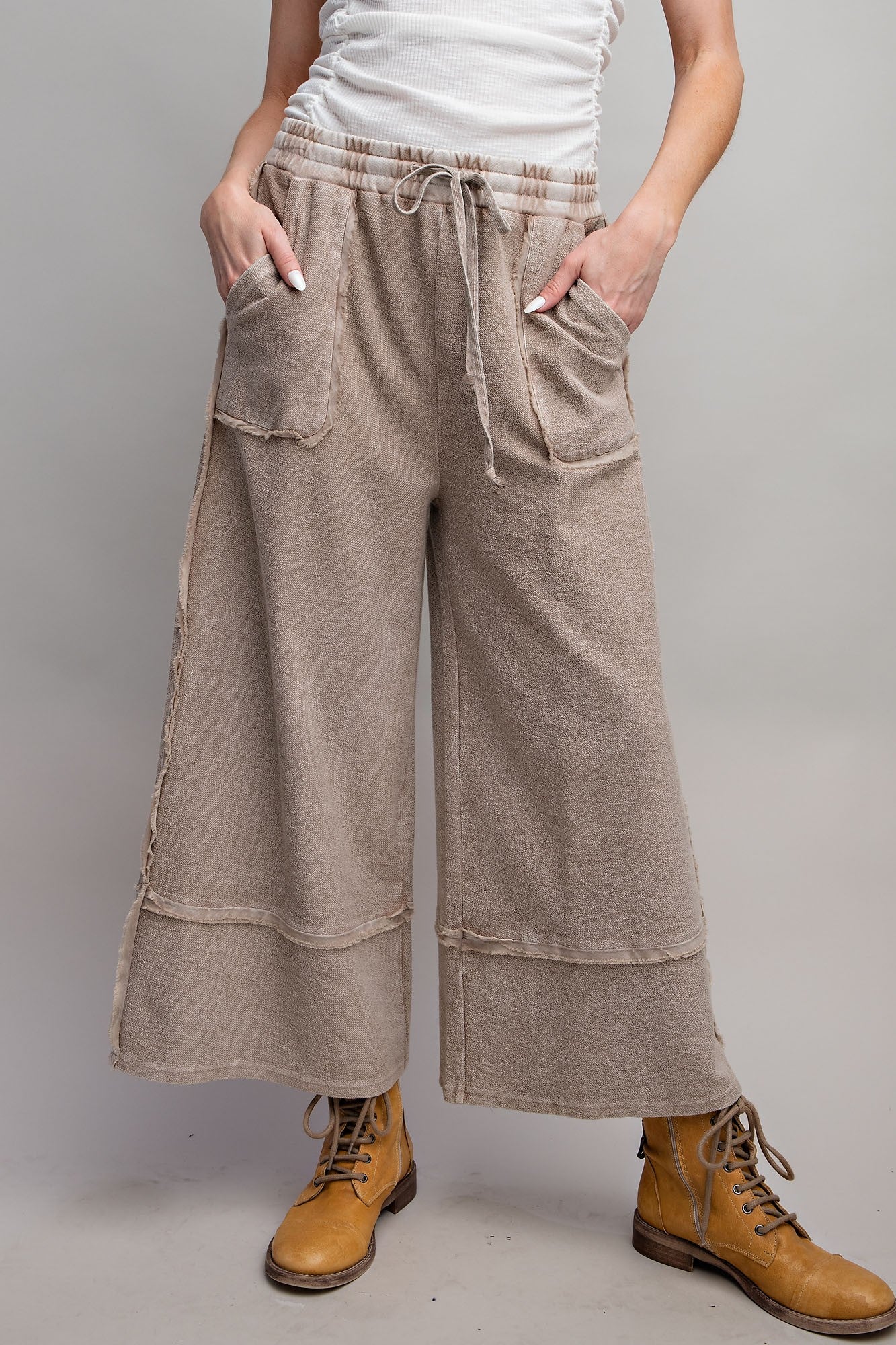 Plus- Washed Wide Leg Terry Knit Pant, Mushroom