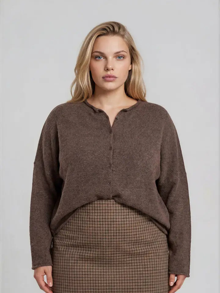 Plus Lightweight Button Down Knit Cardigan, Dark Brown