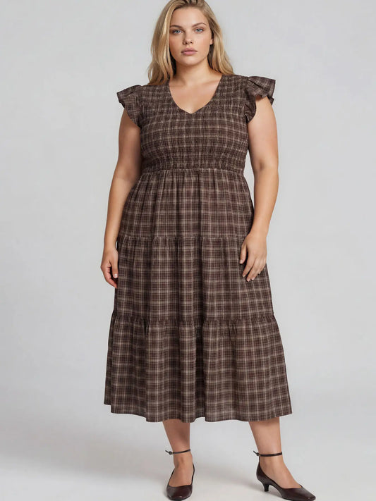 Plus Plaid Smocked Tiered Midi Dress