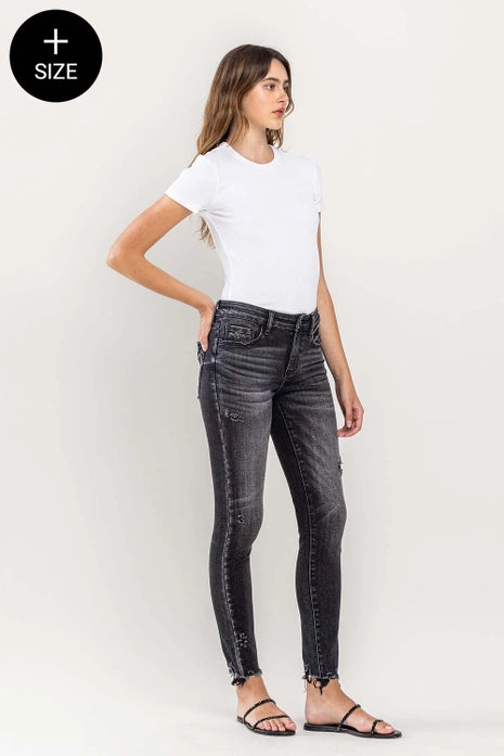 Plus- Vervet Mid Rise Uneven Raw Hem Crop Skinny Jeans, Black