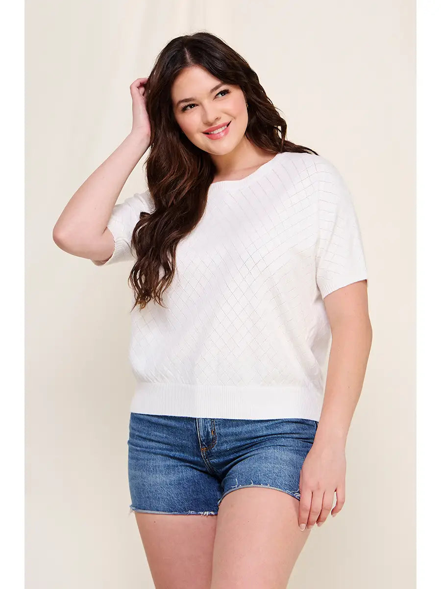 Plus Size Short Sleeve Dolman Pointelle Top, Off White