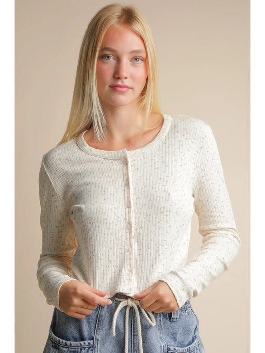 Printed Button Down Knit Cardigan Top, Cream Floral
