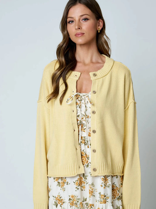 Raw Edge Seam Button Down Cardigan, Butter Yellow