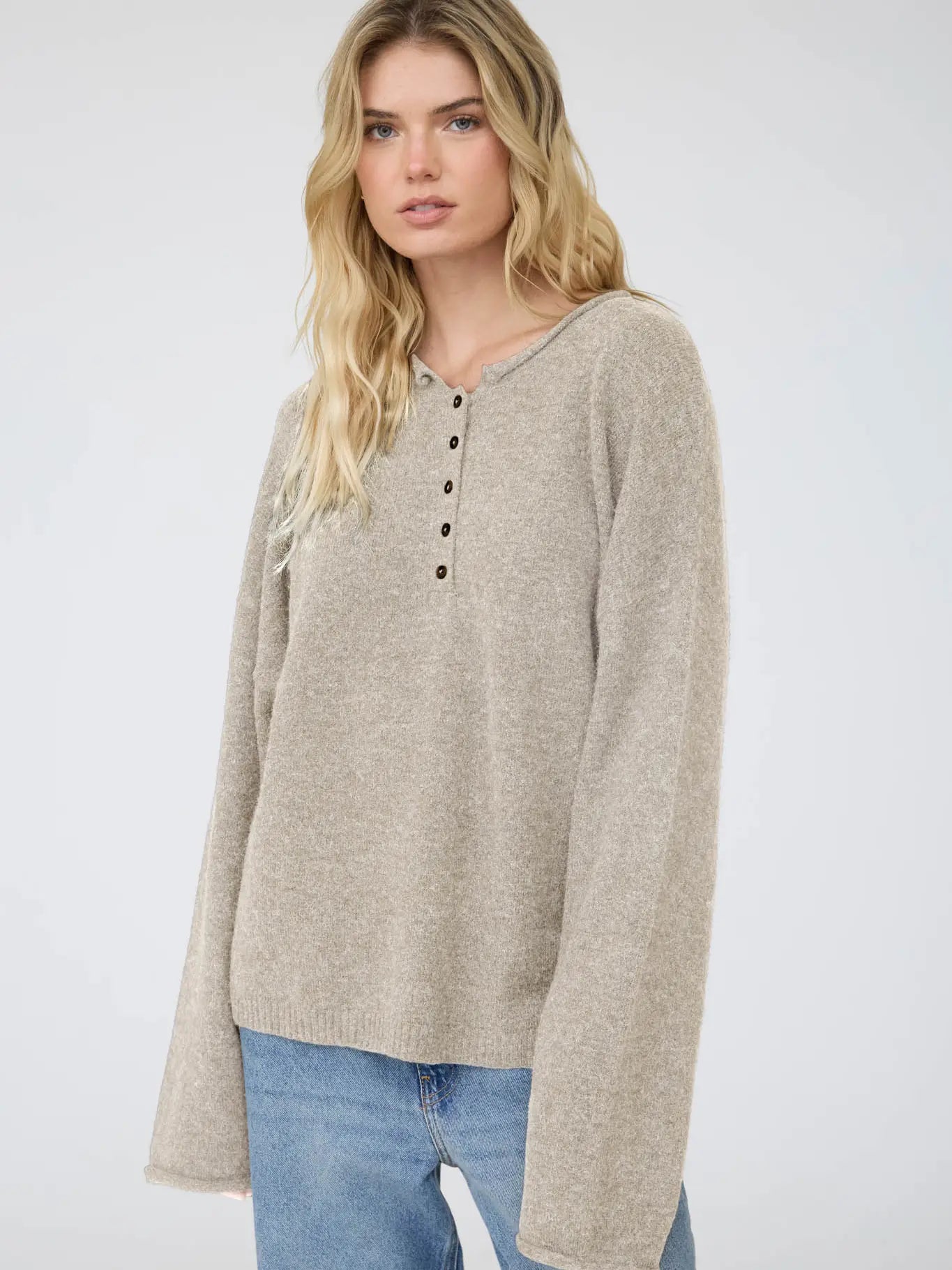 Raw Rolled Edge Henley Relaxed Sweater, Oatmeal