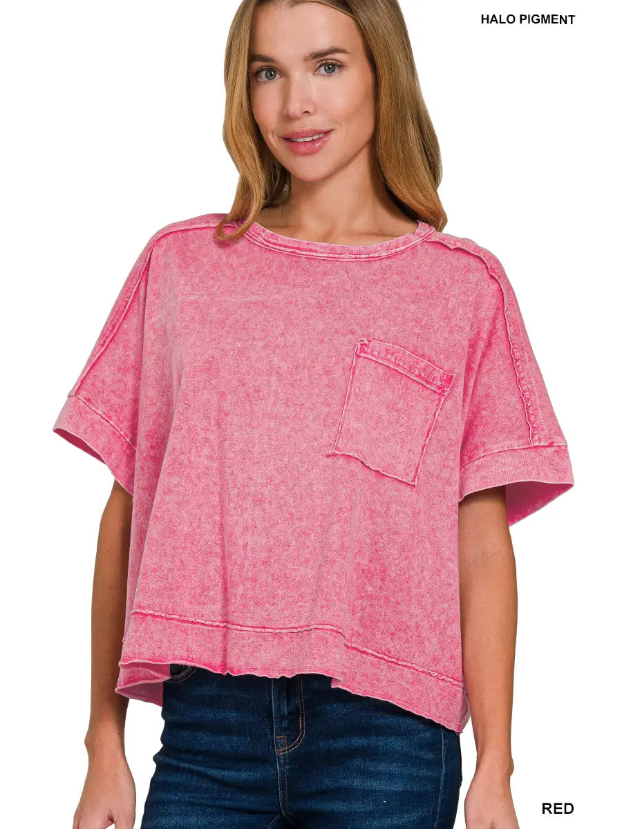 Washed Exposed Seam Oversized Tee, Red