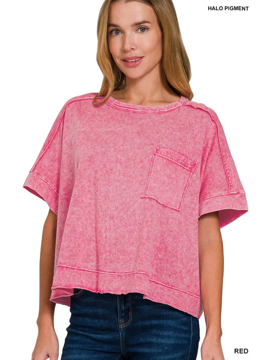 Washed Exposed Seam Oversized Tee, Red
