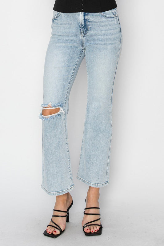 Risen High Rise Distressed Ankle Flare Jeans