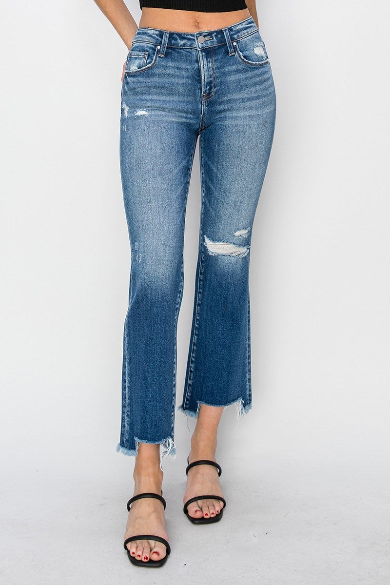 Risen Mid Rise Frayed Hem Ankle Straight Jeans