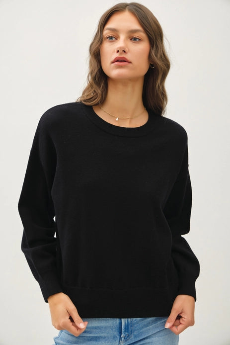 Round Neck Relaxed Sweater, Black