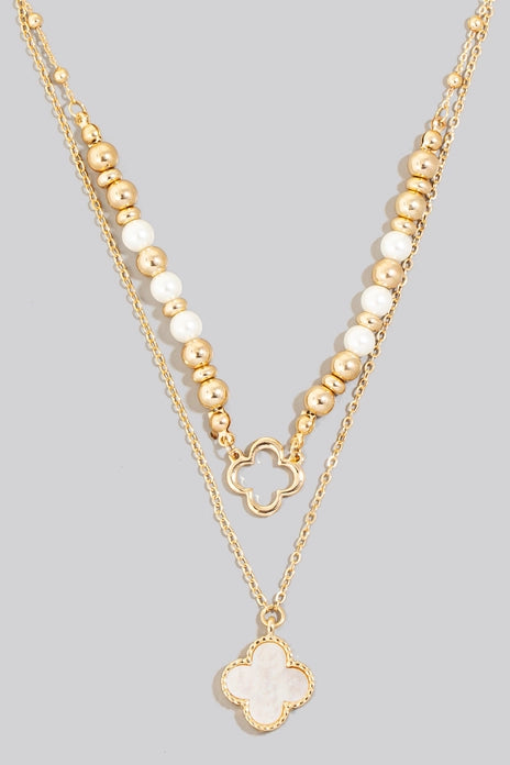 Seashell Clover Pearl Beaded Layered Chain Necklace