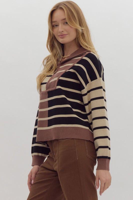 Stripe Colorblock Sweater, Brown Multi