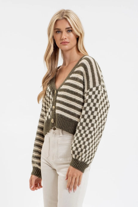 Stripe and Checkered Drop Shoulder Knit Cardigan, Olive