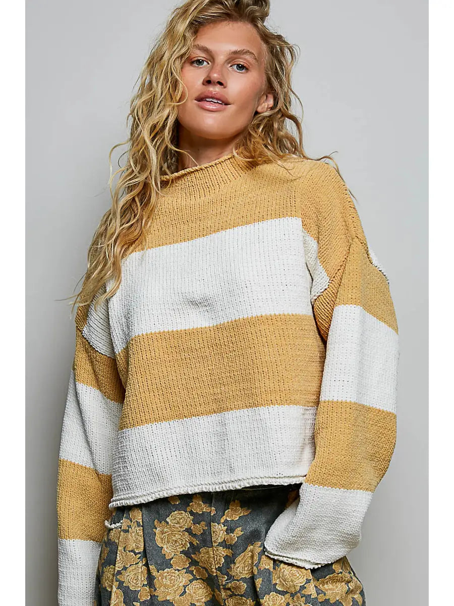 Striped Pattern Chenille Sweater, Mustard