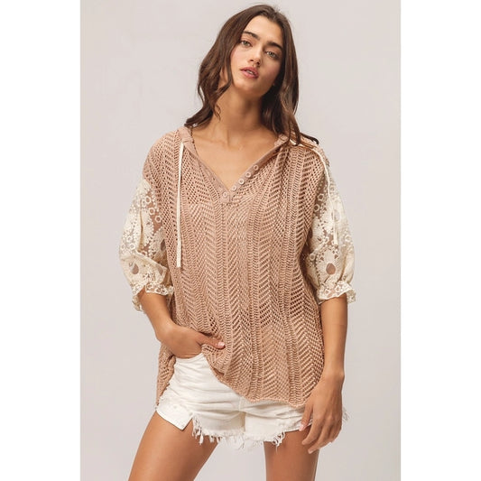 Textured Knit Flower Lace Hoodie Top