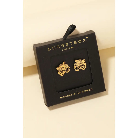 Tiger Head Stud Earrings, Gold