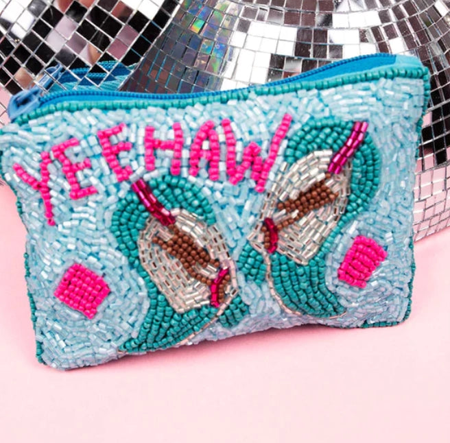 Turquoise and Pink Yeehaw Beaded Coin Purse