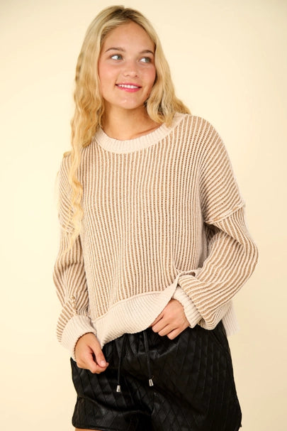 Two Tone Striped Casual Stripe Sweater Top, Ecru