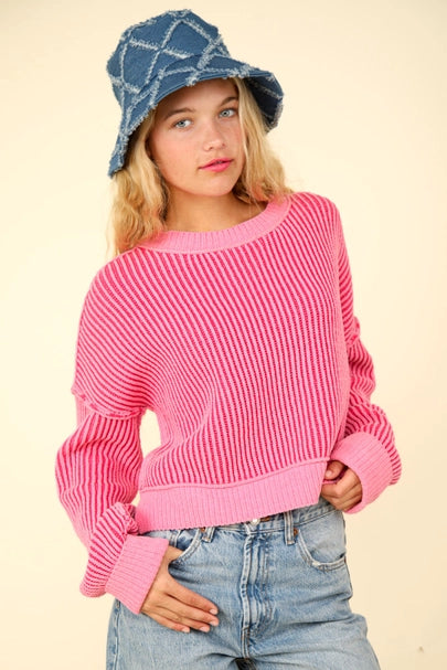 Two Tone Striped Casual Stripe Sweater Top, Pink