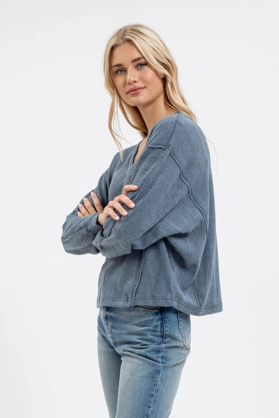 V Neck Long Sleeve Knit Top, Dusty Teal