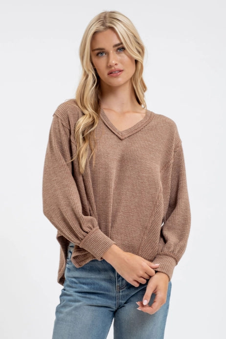 V Neck Asymmetrical Hem Long Sleeve Knit Top, Mocha