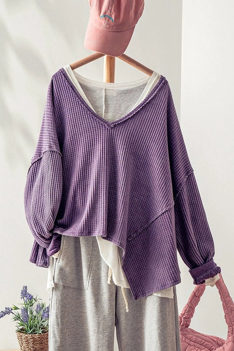 Waffle Knit High Low Top, Purple