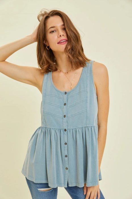 Plus, Washed Button-Down Knit Tank Top-Dusty Blue