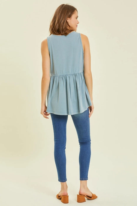 Plus, Washed Button-Down Knit Tank Top-Dusty Blue