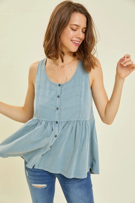 Plus, Washed Button-Down Knit Tank Top-Dusty Blue