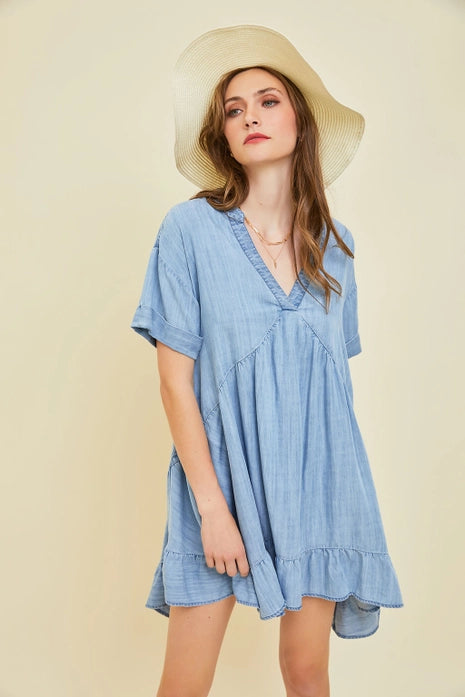 Washed Chambray Denim Flare Mini Dress