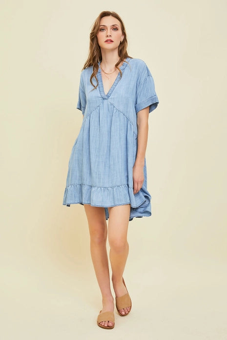 Washed Chambray Denim Flare Mini Dress