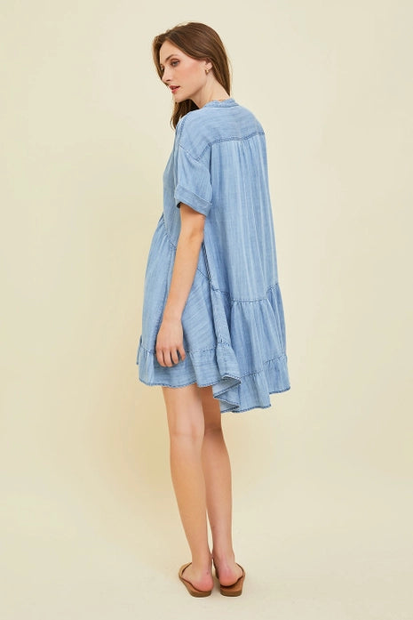 Washed Chambray Denim Flare Mini Dress