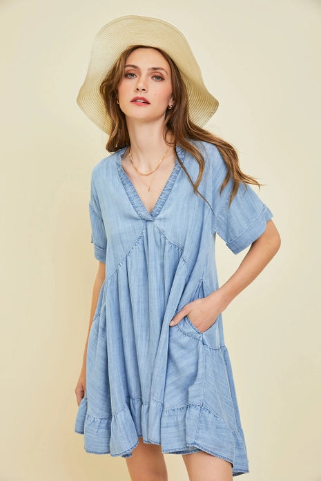 Washed Chambray Denim Flare Mini Dress