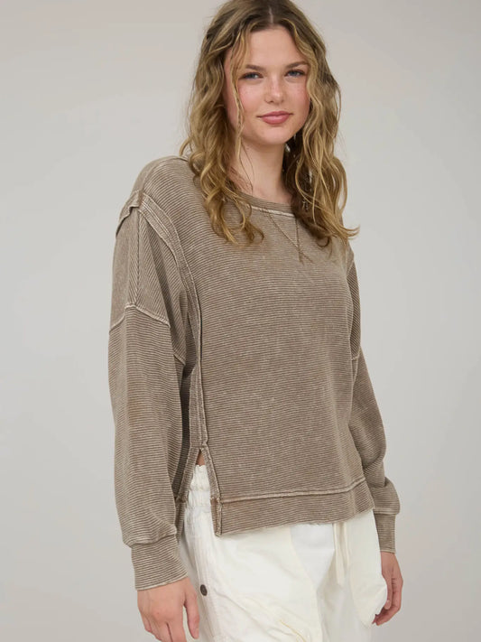 Washed Exposed Seam Side Slit Long Sleeve Knit Top, Brown