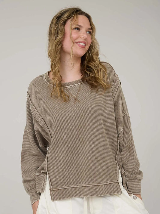 Washed Exposed Seam Side Slit Long Sleeve Knit Top, Brown