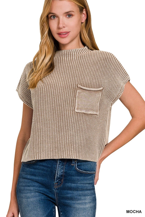 Washed Mock Neck Short Sleeve Cropped Sweater