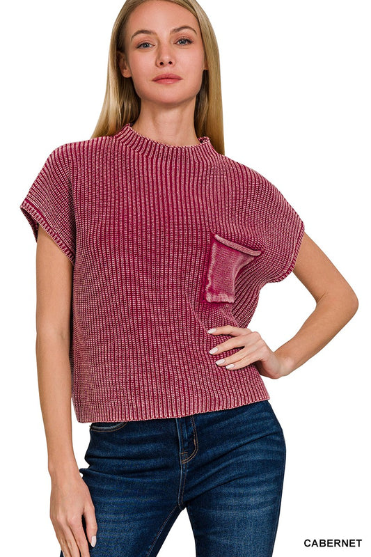 Washed Mock Neck Short Sleeve Cropped Sweater, Cabernet