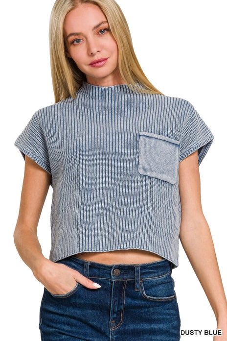 Washed Mock Neck Short Sleeve Cropped Sweater, Dusty Blue