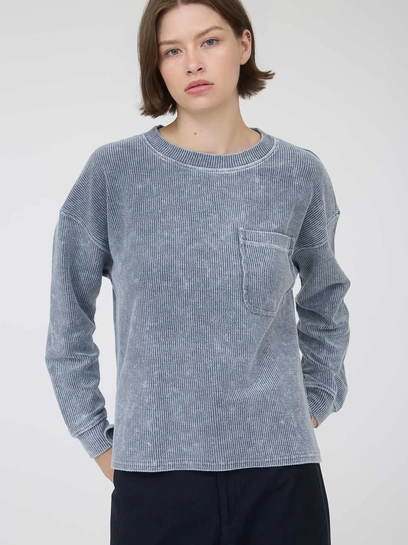 Washed Pocket Long Sleeve Rib Top, Multiple