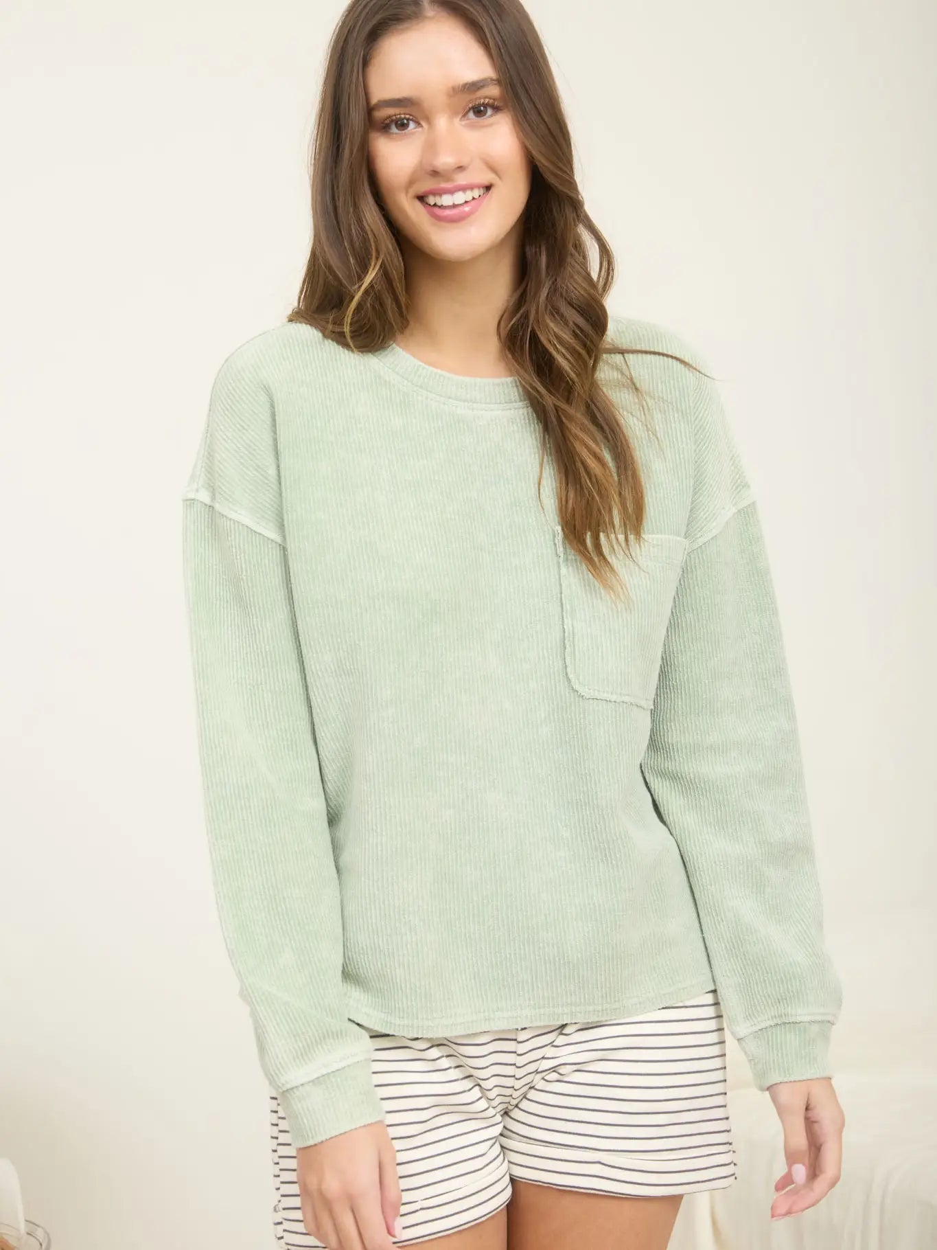 Washed Pocket Long Sleeve Rib Top, Multiple