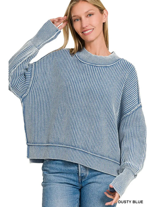 Washed Side Slit Oversized Cropped Sweater, Dusty Blue