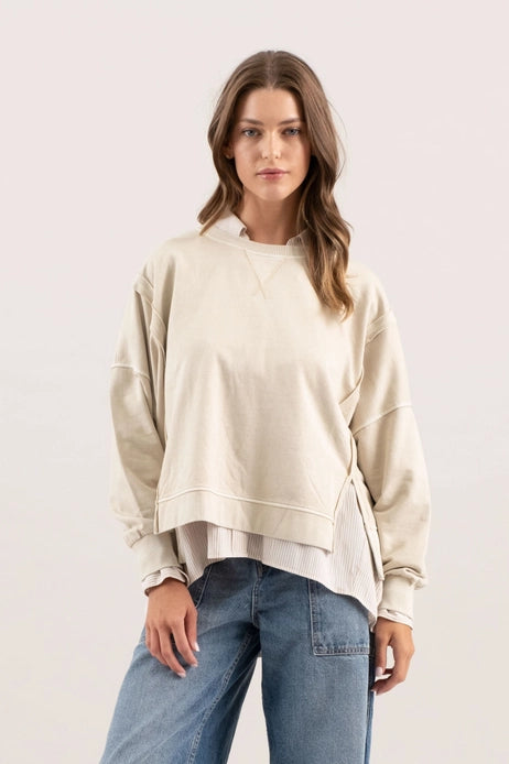 Washed Split Hem Pullover, Oatmeal