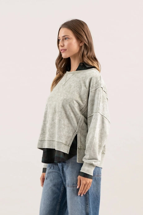 Washed Split Hem Pullover, Olive