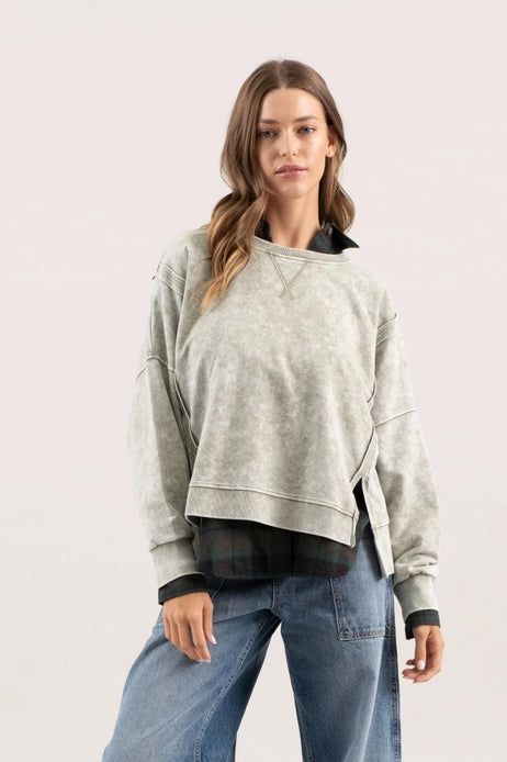 Washed Split Hem Pullover, Olive